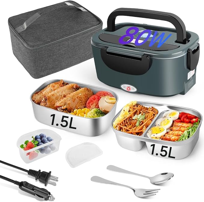 Electric Lunch Box Food Warmer 12V Portable Microwave with 2-Pack Stainless Steel